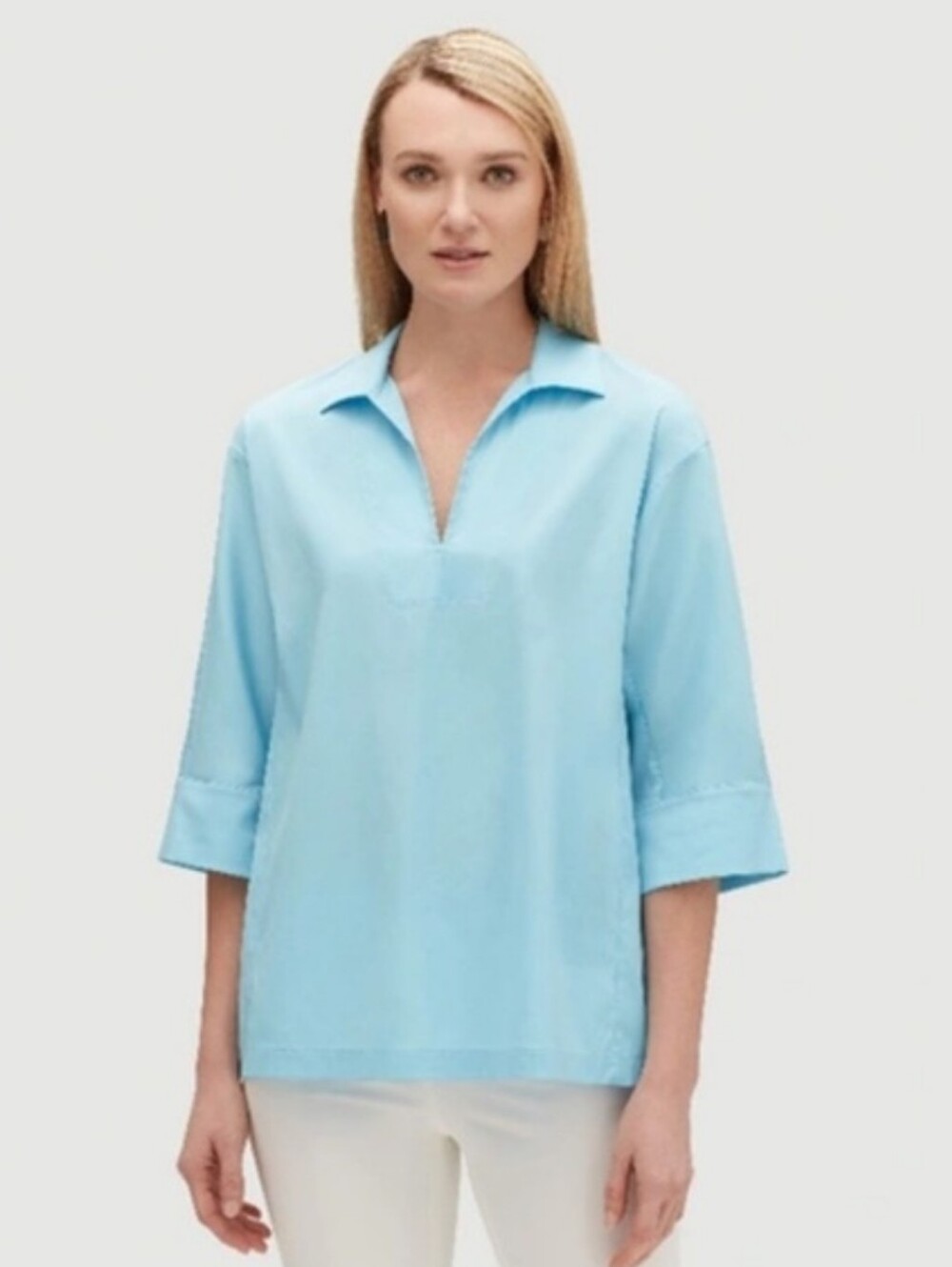 LAFAYETTE 148 NEW YORK, ITALIAN COTTON STRETCH BLOUSE IN LAGOON Blue SIZE Medium
